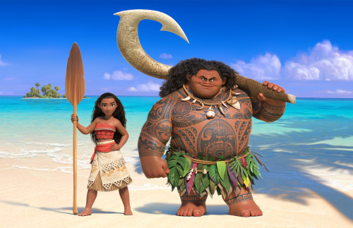 In "Moana," Walt Disney Animation Studios' upcoming big-screen adventure, a spirited teenager named Moana (left) sails out on a daring mission to prove herself a master wayfinder. Along the way, she meets once-mighty demi-god Maui (right). Featuring Native Hawaiian newcomer Auli'i Cravalho as the voice of Moana, and Dwayne Johnson as the voice of Maui, "Moana" sails into U.S. theaters on Nov. 23, 2016. ©2015 Disney. All Rights Reserved.